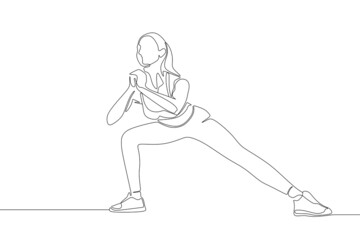 Fototapeta na wymiar Single continuous line drawing of young sportive woman training in gym. Fitness stretching and exercises concept. One line draw design vector illustration