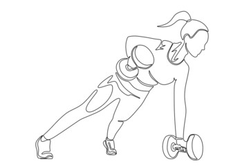 Single continuous line drawing of young sportive woman training in gym. Fitness stretching and exercises concept. One line draw design vector illustration