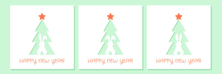 New Year card template in paper cut style. Rabbit on the background of the Christmas tree.
