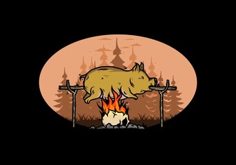 Pork roast on fire illustration design