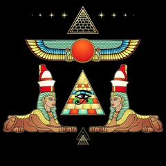 Mystical color drawing: women sphinxes guard the Egyptian pyramid. Eye of Horus. Winged solar disk god Ra.  Vector illustration isolated on a black background. 