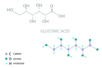 Gluconic acid molecular skeletal 3D chemical formula.	