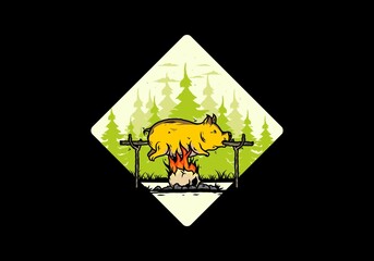 Pork roast on fire illustration design