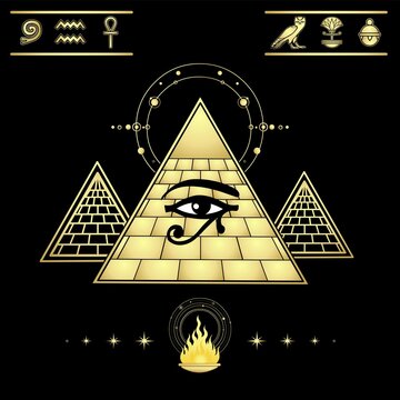 Mystical drawing: symbolic valley of kings. Egyptian pyramids. Set of hieroglyphs. Eye of god Horus. Vector illustration isolated on a black background. Imitation of gold. 