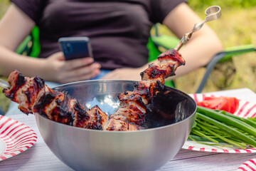 Cooked barbecue and vegetables with herbs on the table.