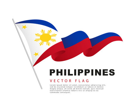 The flag of the Philippines hangs on a flagpole and flutters in the wind. Vector illustration on a white background.