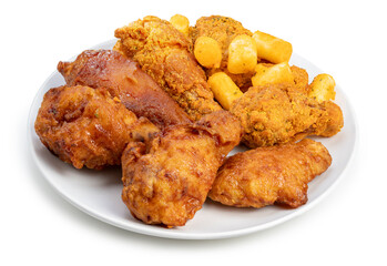 Delicious Korean fried chicken with cheese dipping sauce  traditional Korean food, Fried chicken and korean rice cake with cheese dipping on white background.