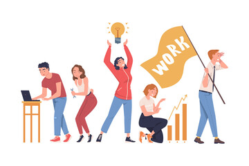 Fototapeta premium People Characters Working as Well Coordinated Mechanism Engaged in Teamwork Vector Illustration