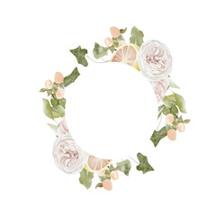 Watercolor round floral frame with peony roses, anemone, leaves