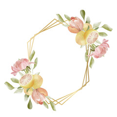 Gold geometric frame with summer bouquet, citrus, peony, pink anemone,  tulip, grapefruit