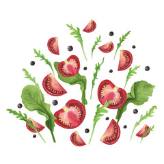 Fresh splash summer vegetable salad arugula, tomatoes, watercress on white background. Watercolor illustration design
