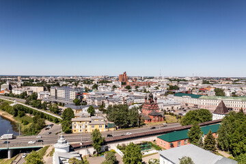 Naklejka na ściany i meble Panoramic drone views of city blocks, recreation parks and the Yaroslavl embankment