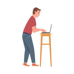 Man Character Working at Laptop Rested on Stool Vector Illustration