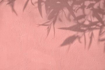 Shadow of willow leaves on pink concrete wall texture with roughness and irregularities. Abstract trendy colored nature concept background. Copy space for text overlay, poster mockup flat lay  © Aleksandra Konoplya