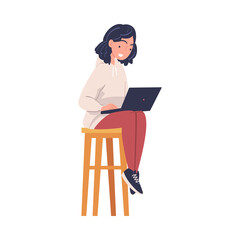 Woman Character Working at Laptop Sitting on Stool Vector Illustration