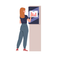 Woman Character Working with Chart on Screen or Display Stand Vector Illustration