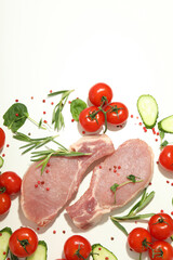 Raw meat, tomatoes, cucumbers and spices on white background
