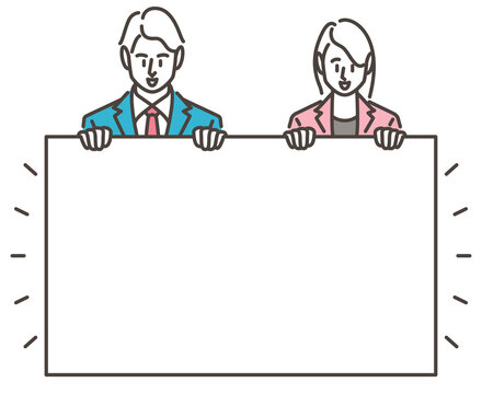 Male and female business people holding copy space with both hands and looking down [Vector illustration].