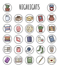 Set of highlights cartoon media icons. Comic style graphic symbols. Emblems for social media, planners, stationery, web design. Vector stock outline logo collection