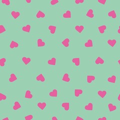 seamless abstract pattern of hearts. cute pink hearts. Light green background. vector texture. fashionable print for textiles and wallpaper.