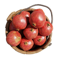 pomegranates, wooden bucket filled with juicy fruits, isolated on white background, top view