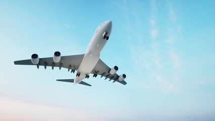 Conceptual flying white passenger jetliner or commercial plane after take off rising over a beautiful sky background. 3D illustration for jet transportation, travel industry or modern freedom concept