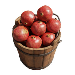 pomegranates, wooden bucket filled with delicious fruits, isolated on white background
