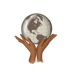 World In The Afro Hands Isolated On A White Background Hand Drawn Illustration	