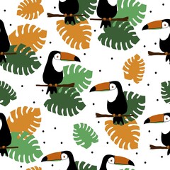 seamless pattern with birds. toucans,leaves and dots on a white background. Fashionable print for textiles, wallpaper and packaging.