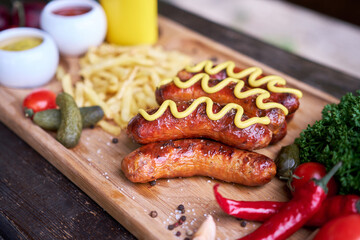 Tasty freshly grilled Sausages served with French fries and sauce on wooden board