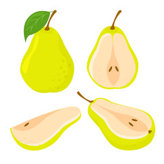 Green pear set. Sliced pears collection. Slices, whole and half fruits. Vector illustration in cartoon flat style.
