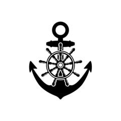 Illustration of an anchor with ship steering wheel in monochrome style. Design element for poster, card, banner, emblem, sign. Vector illustration