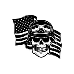 Racer skull on usa flag background. Biker skull. Design element for poster, card, banner, sign. Vector illustration