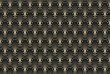  Vektor-Illustration eines nahtlosen, dekorativen, geometrischen, hell gold und schwarzen Art-Déco-Musters der 20er Jahre mit Fächern und Punkten - obrazy, fototapety, plakaty