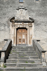 The facade of a church in Teggiano, a medieval village in the mountains of Salerno province, Italy.