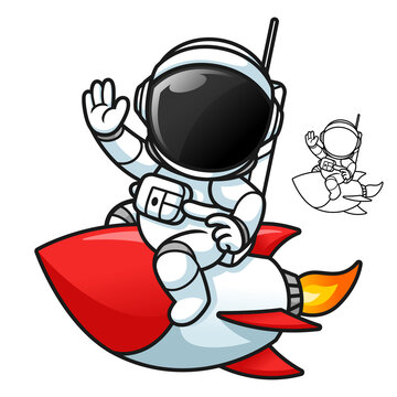 Cute Astronaut Riding a Rocket Waving His Hand with Black and White Line Art Drawing