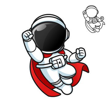 Cute Astronaut in Superhero Style Wearing a Cape with Black and White Line Art Drawing