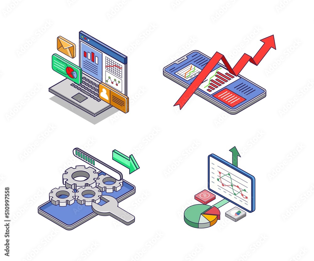 Poster set of icons for smartphone developer technology business