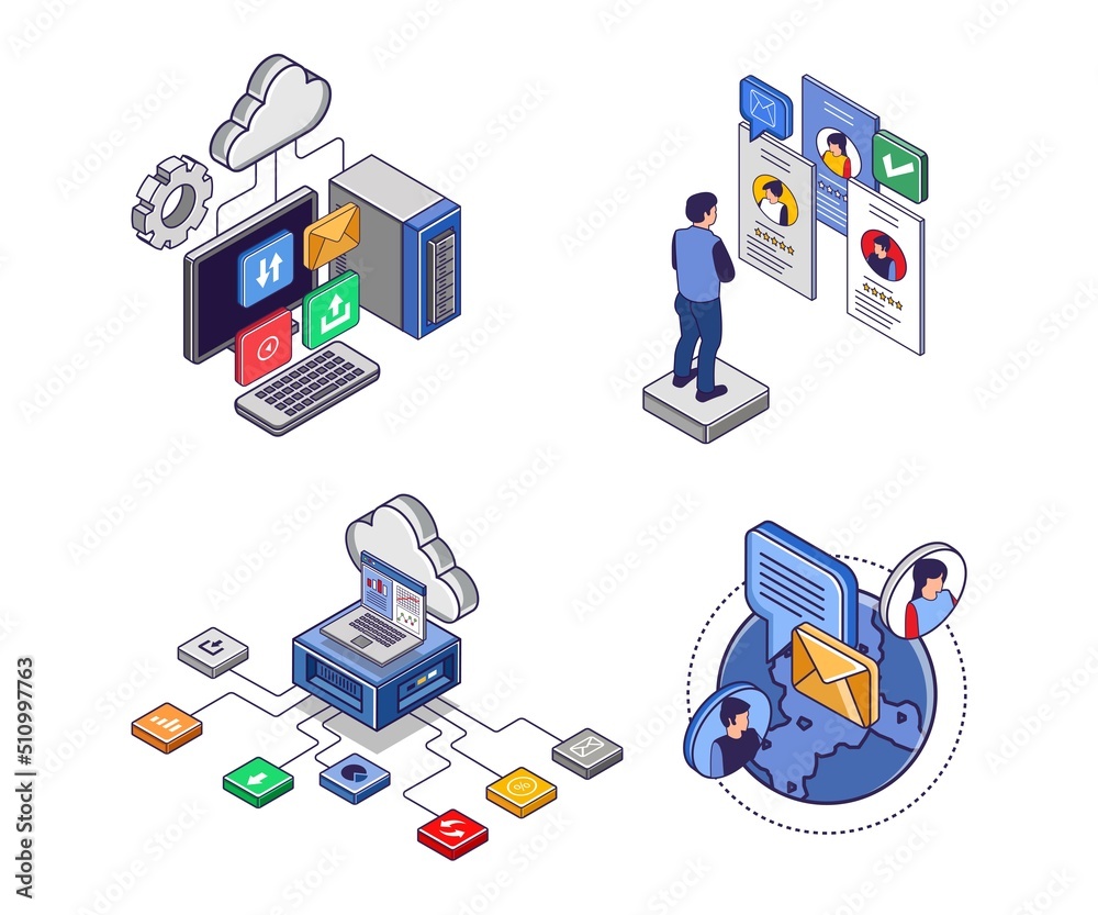 Poster Set of icons for cloud server computer technology business
