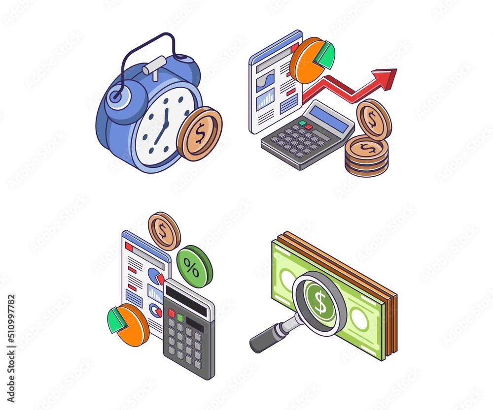 Poster set of icons for business calculations and digital marketing