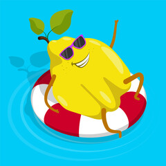 Cheerful pear, quince character in glasses swims with life buoy and waves cheerfully, says hello from vacation at seaside resort. Cartoon vector isolated on white background