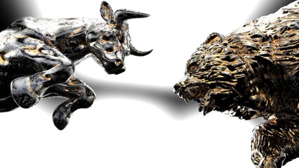 Naklejka premium Metallic Silver bull and bear sculpture staring at each other in dramatic contrasting light representing financial market trends under black-white background. Concept images of stock market. 3D CG.