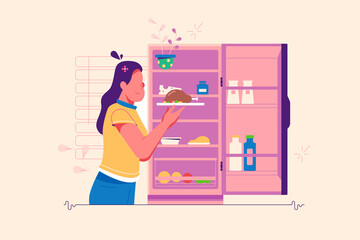 Woman putting tasty cooked dish in refrigerator