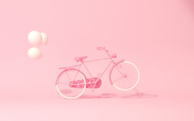 Pink Bicycle with bubbles floating on pastel pink background. Eco friendly transportation. Minimal creative idea layout, Concept for environment preserve on earth day, holiday. 3d render