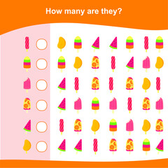 How many are they worksheet. Counting math game for Children. Counting ice creams worksheet. Vector illustration.