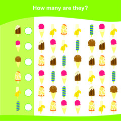 How many are they worksheet. Counting math game for Children. Counting ice creams worksheet. Vector illustration.