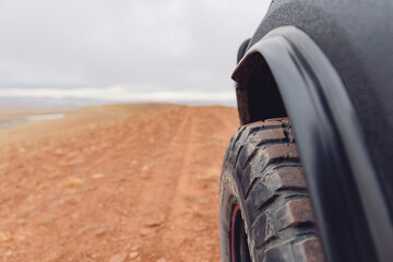 Concept travel offroad with car 4x4 mountains Altai Mars valley or sand Gobbi Mongolia © Parilov
