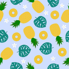 Pineapple seamless pattern. Cartoon fruit, flowers and leaves on blue background