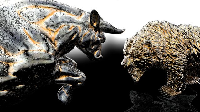 Metallic Silver bull and bear sculpture staring at each other in dramatic contrasting light representing financial market trends under black-white background. Concept images of stock market. 3D CG.