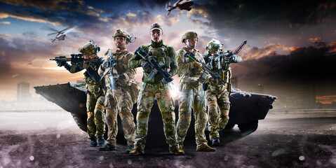 Soldier special forces on a futuristic background. Military concept of the future.